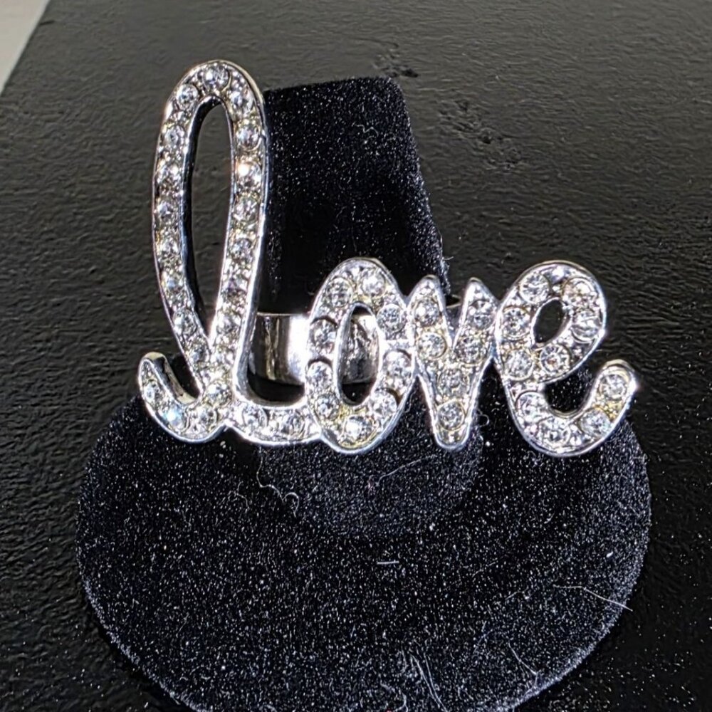 Love Ring With Rhinestone Embellishments Adjustable Band Silver-Tone statement